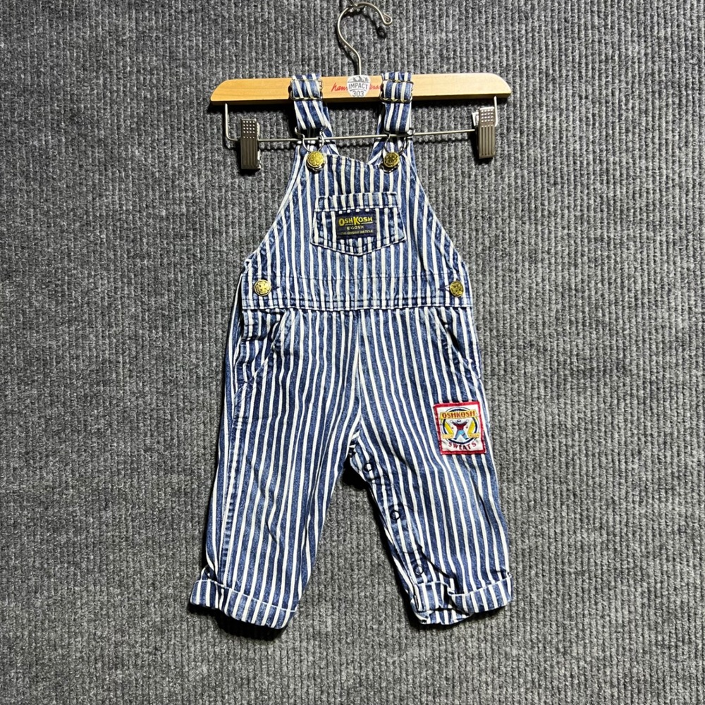 Vintage OshKosh Bgosh Overalls Kids 6/9 MO Blue Hickory Stripe Denim USA Made